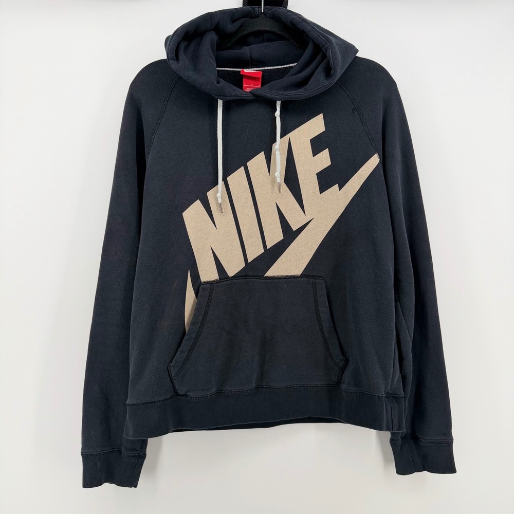 Vintage Nike Big Logo Hoodie Sweatshirt Black Distressed Faded Size Large